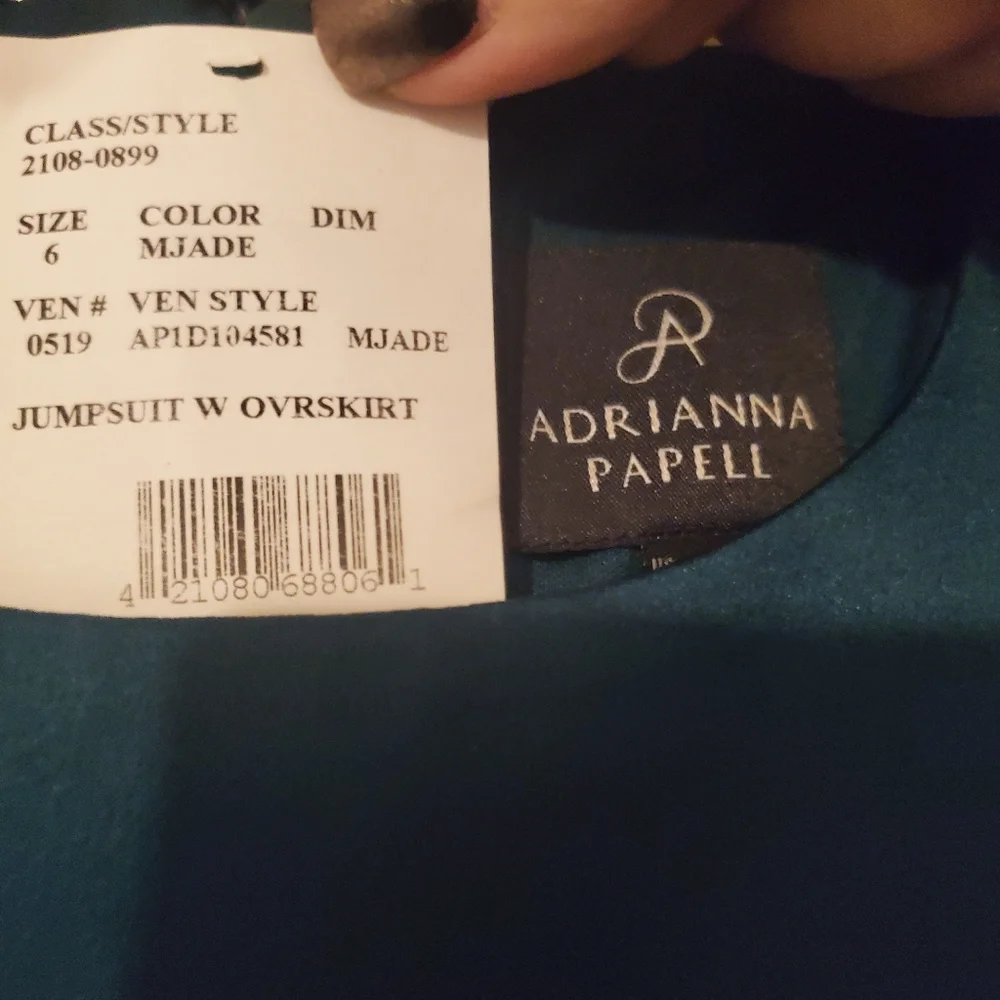 Jade formal jumpsuit with overskirt/train. This is an Adrianna Papell, size 6. - Picture 1 of 5